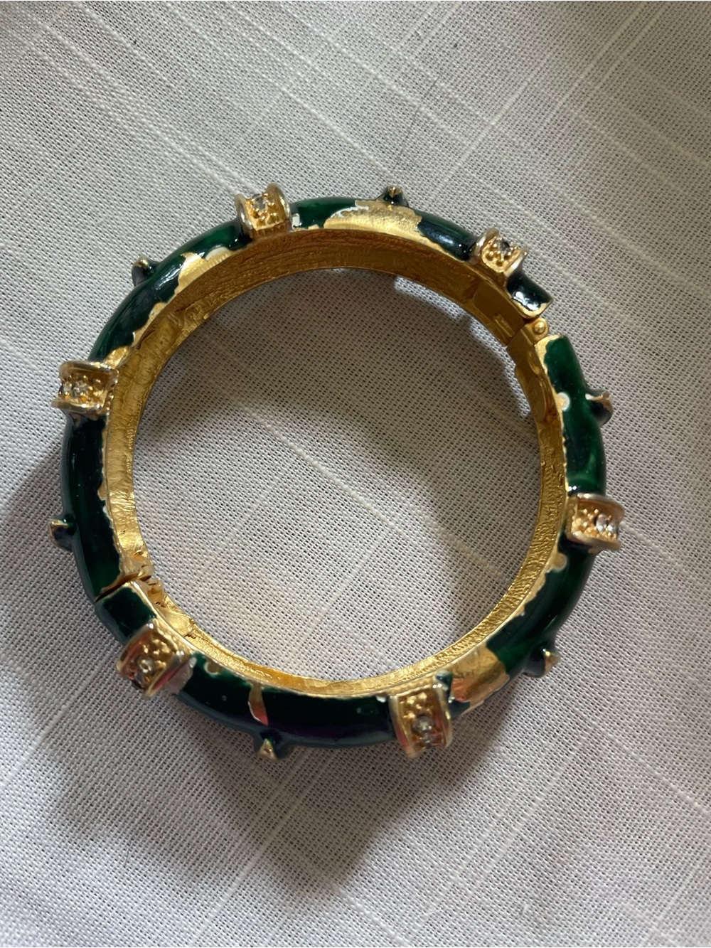Vintage 1960s Gold-Tone Green Enamel Pauline Rader Accent Bangle Bracelet